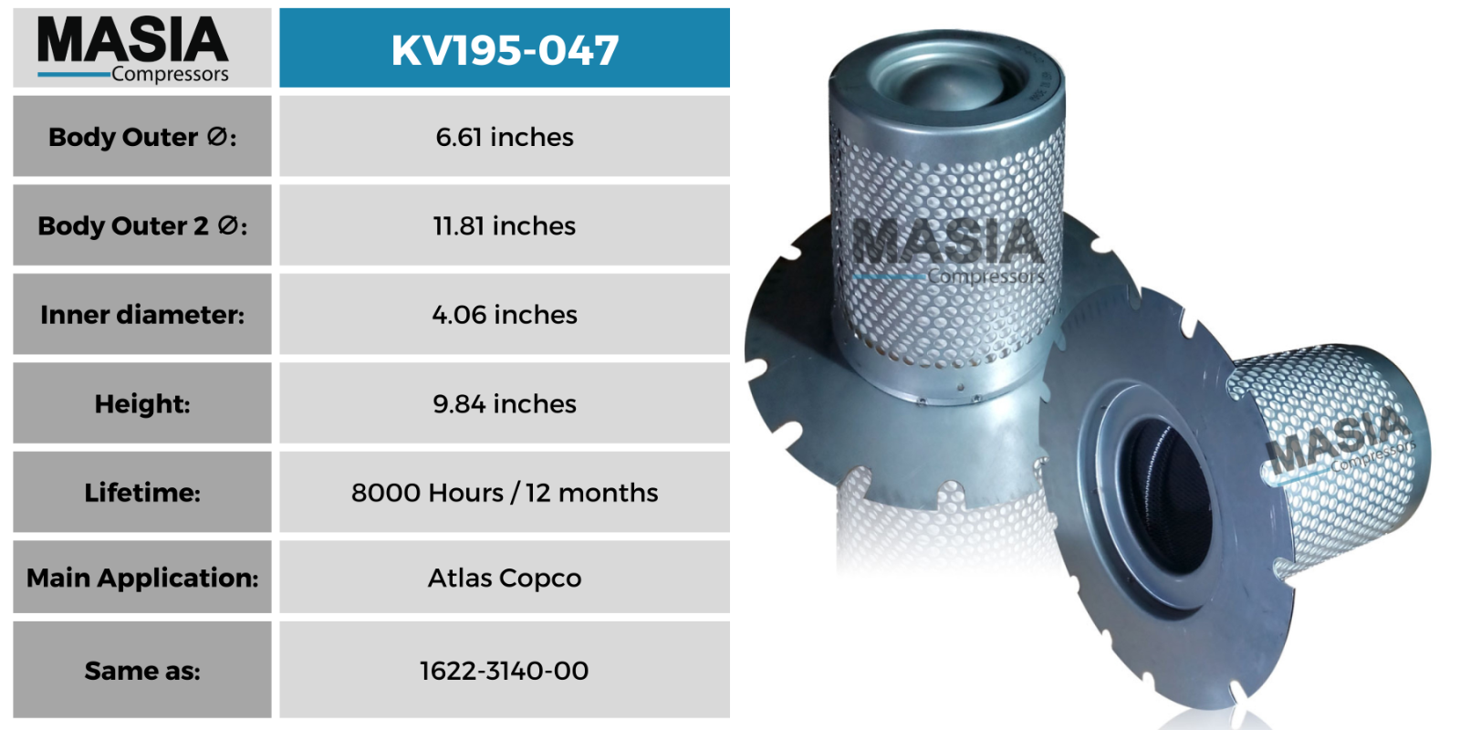 1622-3140-00 Separador de aire/aceite Atlas Copco. Compatible con los modelos GA-37 y GA-45VSD.