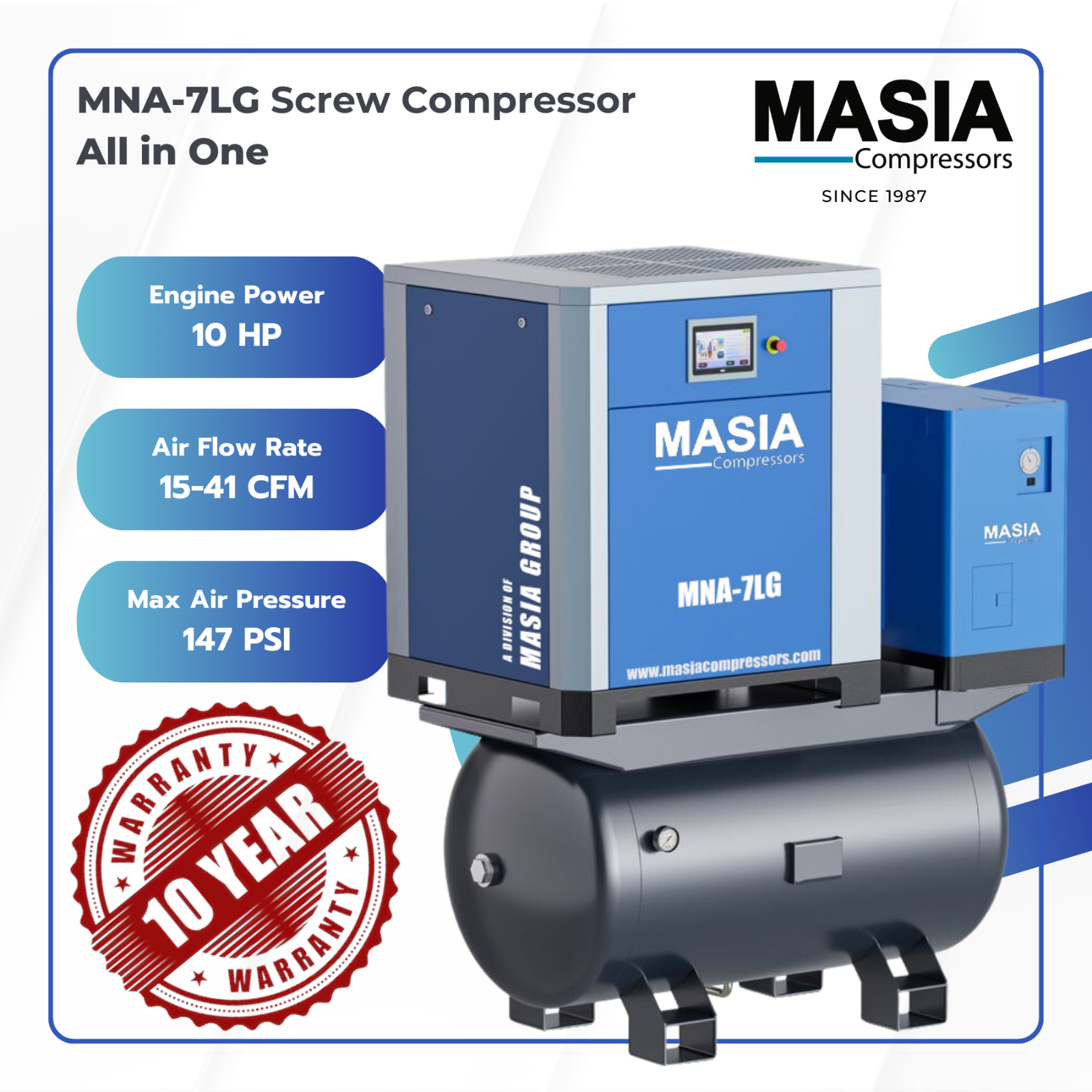Compresor de aire de tornillo Masia VSD de 10 HP con accionamiento directo, secador integrado y tanque de aire