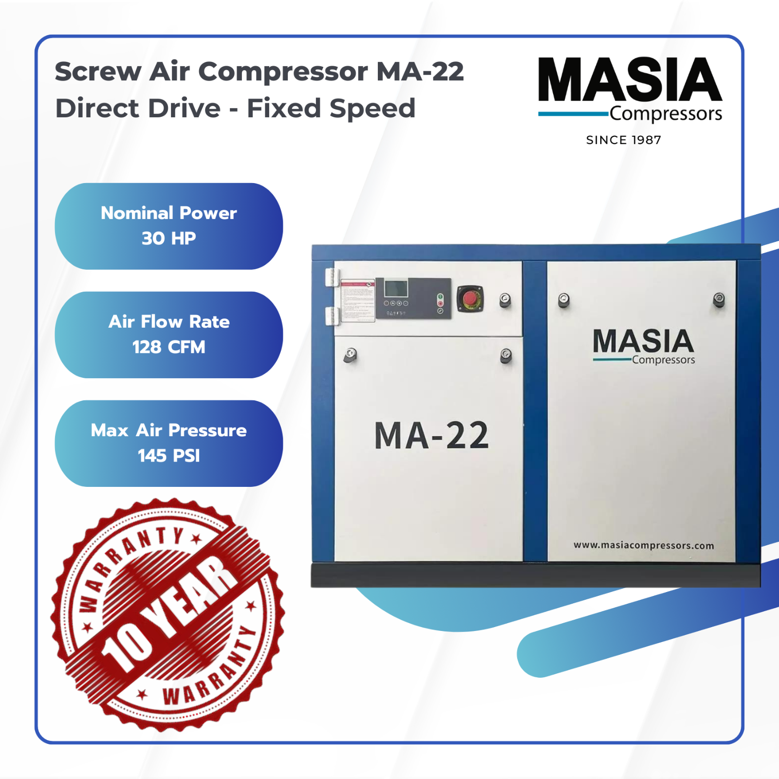 Masia 220V 30HP 3PH Industrial Rotary Screw Air Compressor 145 PSI 128CFM 10 Bar