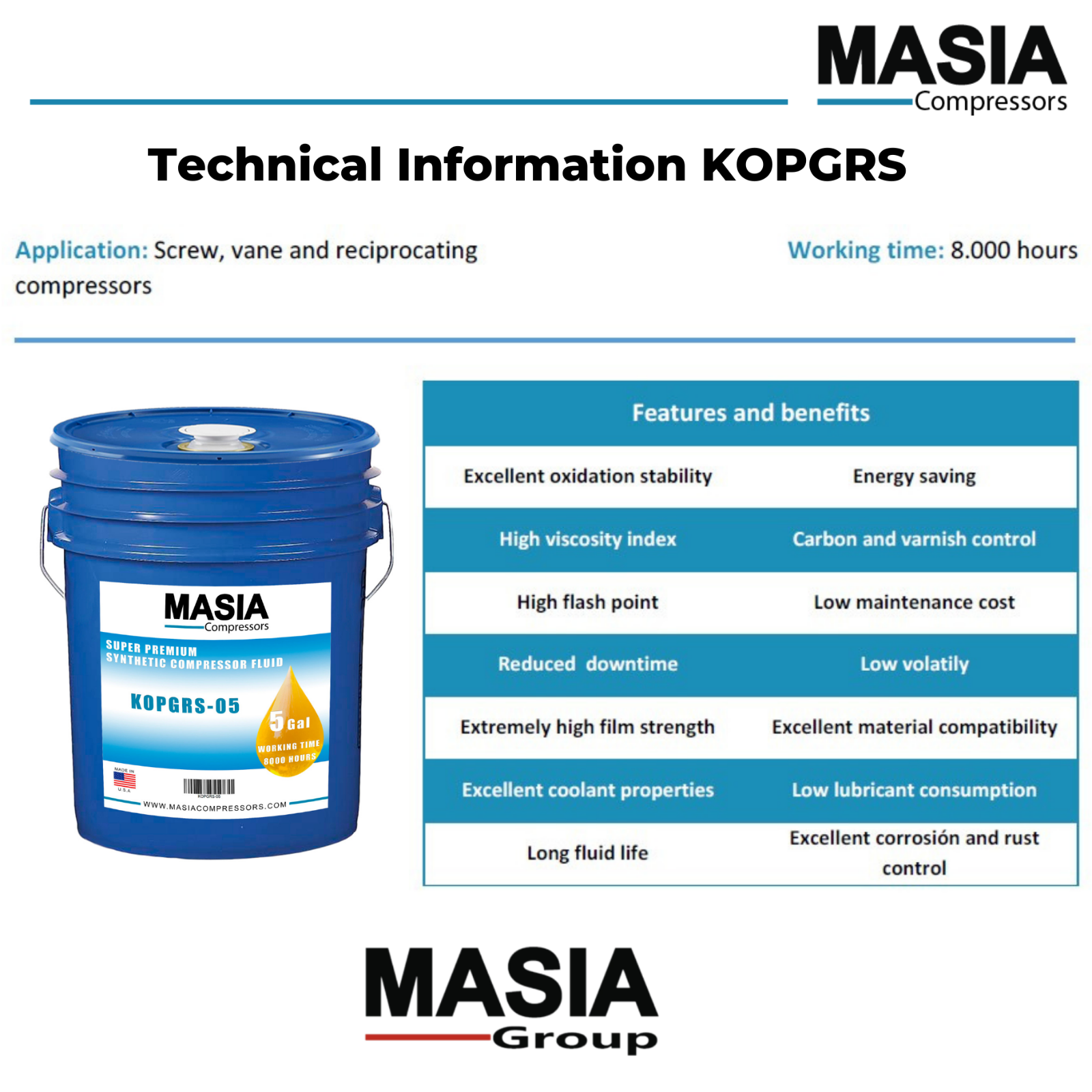 KOPGRS Masia Compressors Lubricant, Synthetic Oil, Made in USA, 55 Gal Drum
