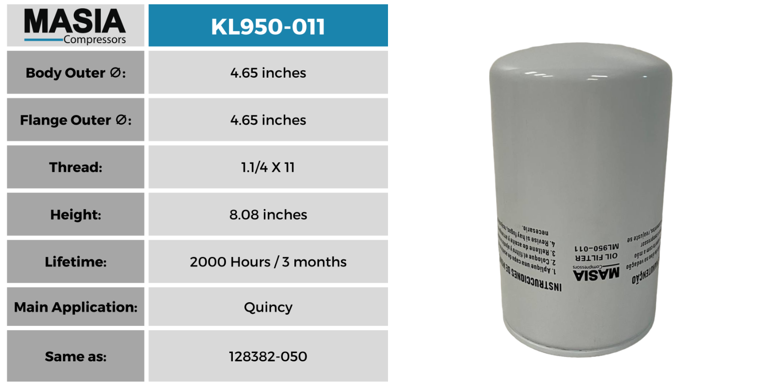 KL950-011 Keltec Technolab Oil Filter - Same as: 01-2391 - 2000 Working Hours