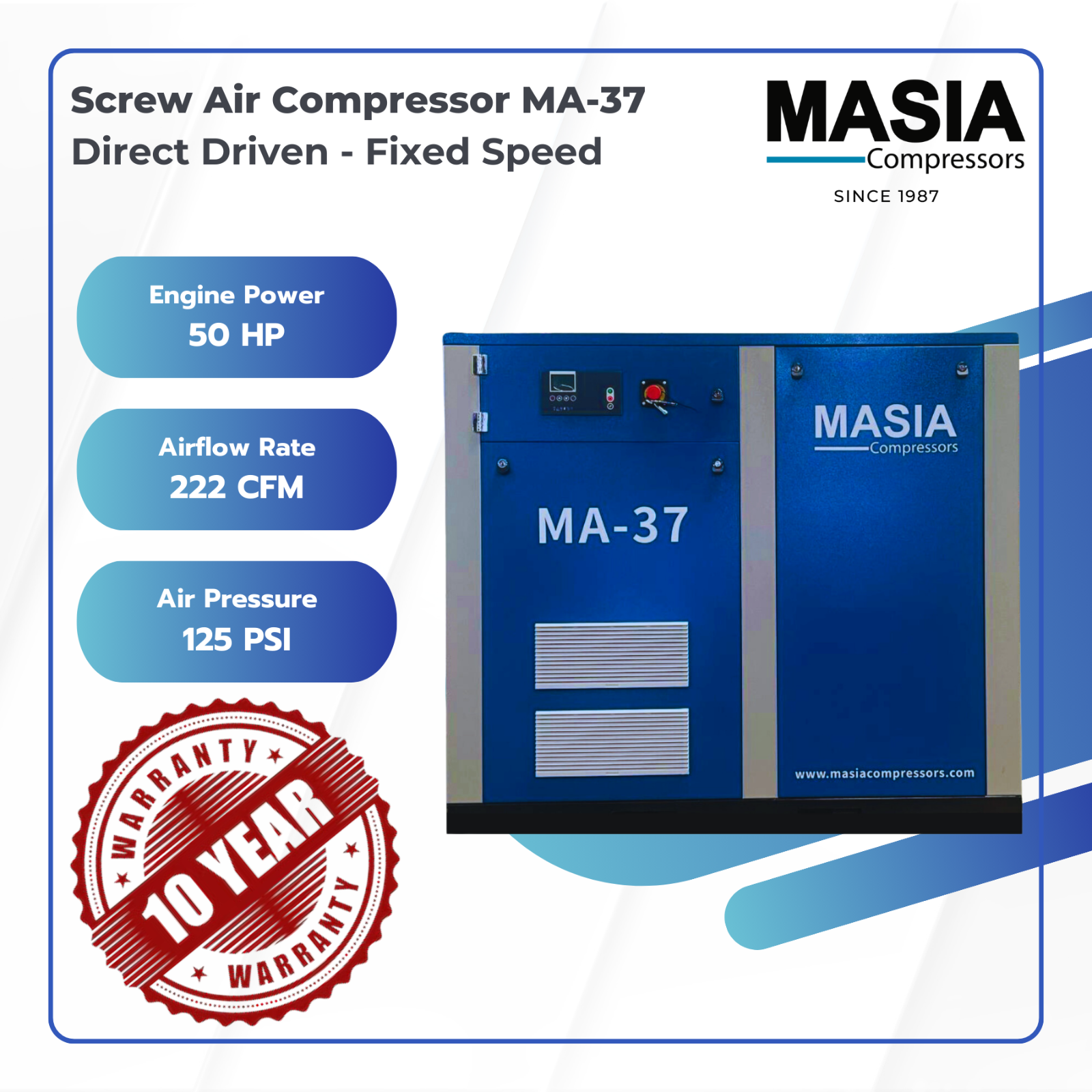 Masia 220V 50HP 3PH Industrial Rotary Screw Air Compressor 145 PSI 222CFM 10 Bar
