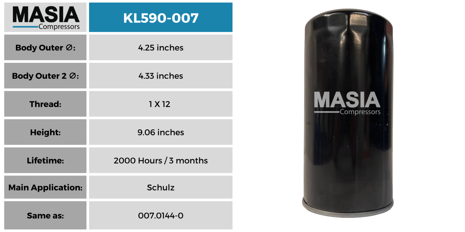 007.0144-0 Schulz Compressor Oil Filter - 2000 Working Hours - Made in USA
