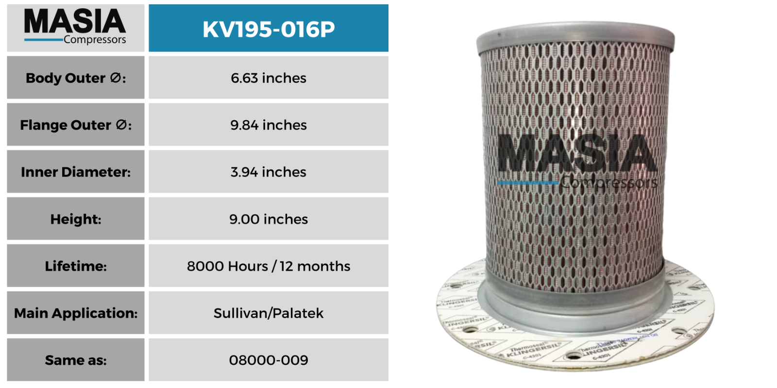 KB08000-009 Sullivan/Palatek Air-Oil Separator - Fits in UD50 Compressors