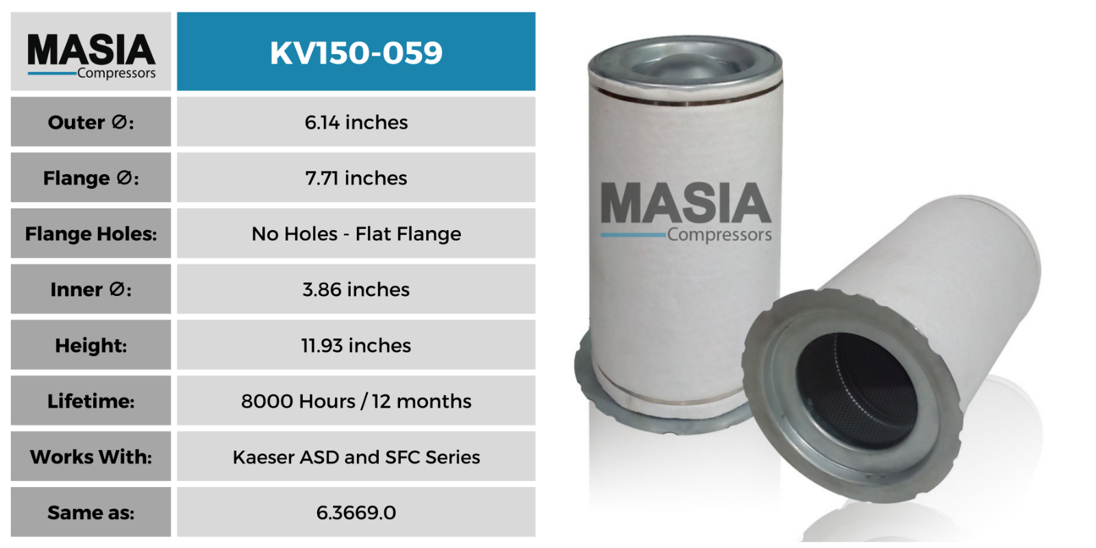 6.3669.0 Kaeser Air/Oil Separator Fits in ASD-25 thru ASD-40 and SFC-18 thru 30