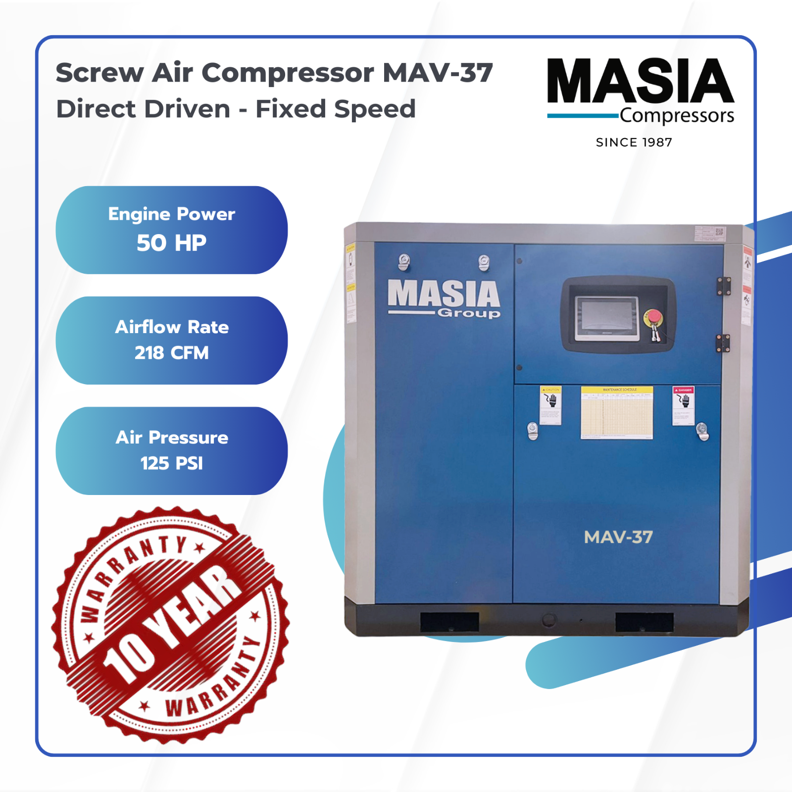 Masia VSD Screw Air Compressor 50 HP Direct Drive / 228 CFM / 125 PSI / 220VAC