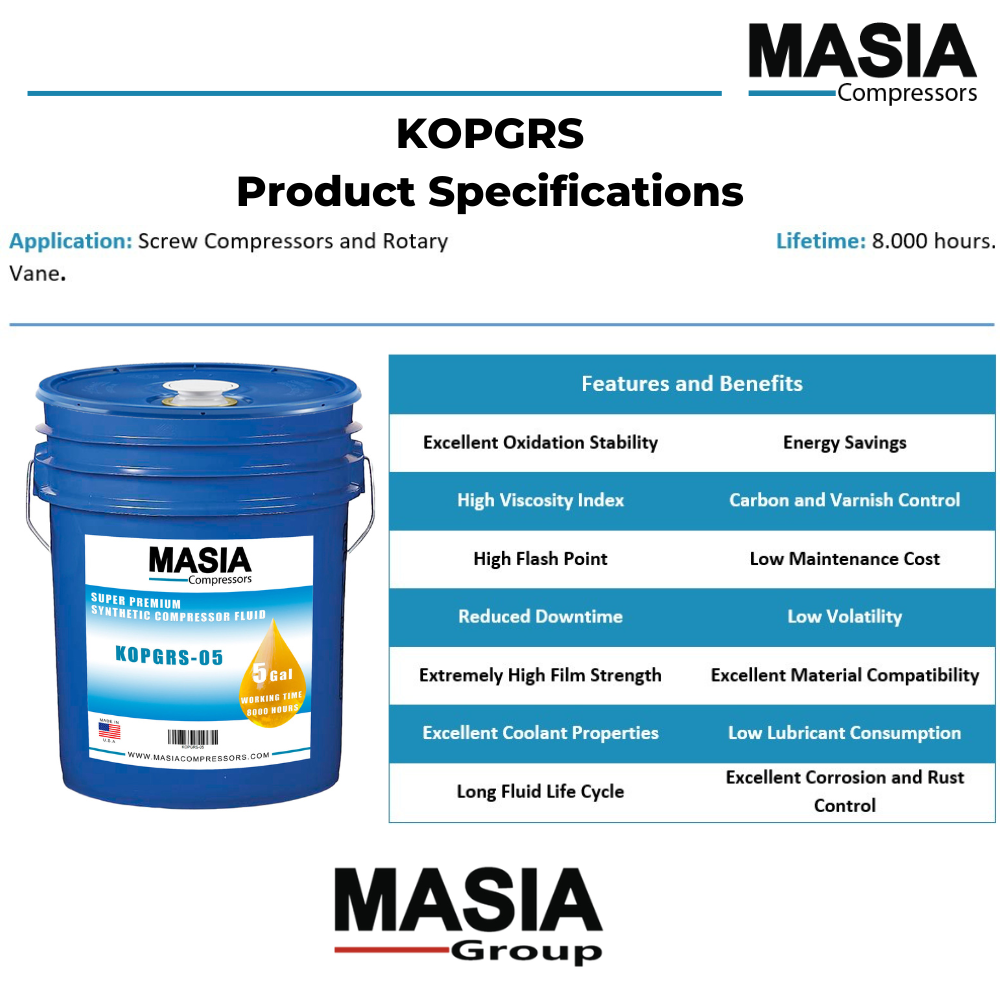 KOPGRS Masia Compressors Lubricant, Synthetic Oil, Made in USA, 55 Gal Drum