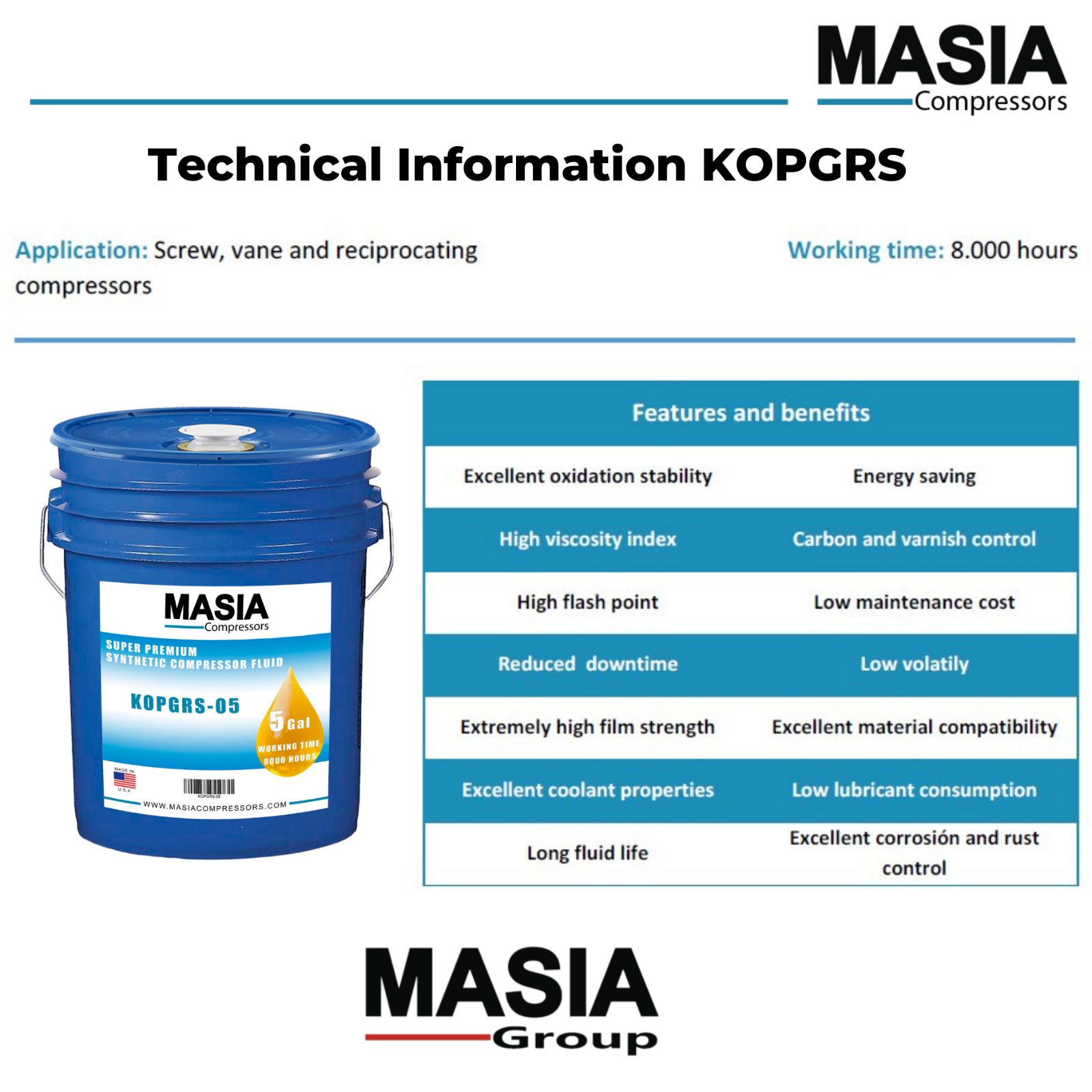 KOPGRS-01 Masia Compressors Lubricant Made in USA Synthetic Oil 1 Gallon Jug