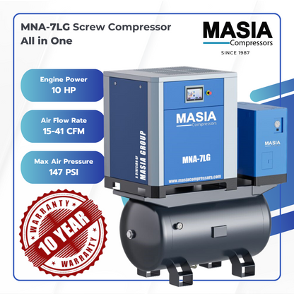 Compresor de aire de tornillo Masia VSD de 10 HP con accionamiento directo, secador integrado y tanque de aire