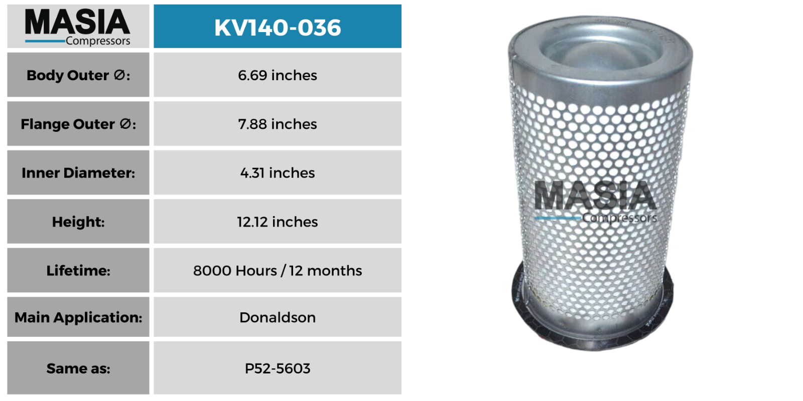 KV140-036 Keltec Technolab Separador de Ar/Óleo - Fabricado nos EUA - 8000 Horas de Trabalho