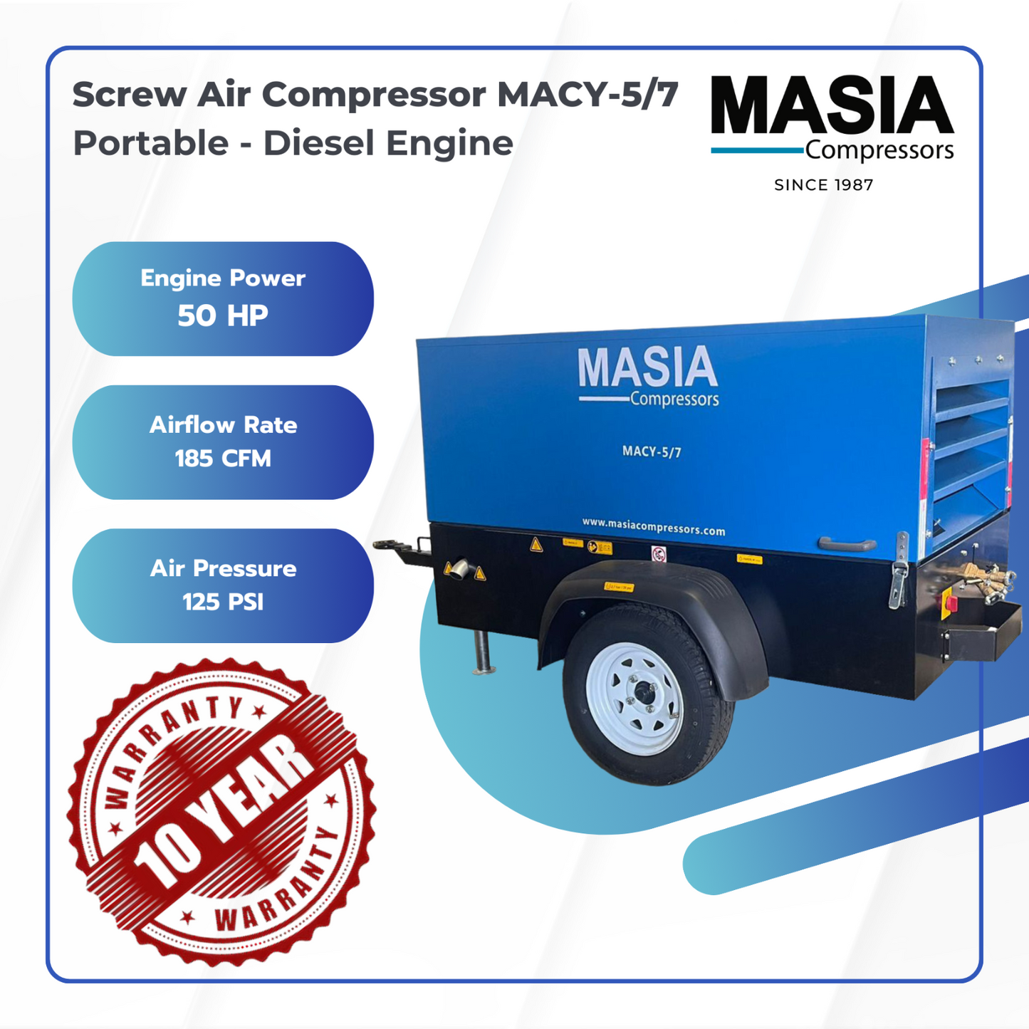 Masia Portable Diesel Screw Air Compressor 50 HP 180 CFM 10 years warranty