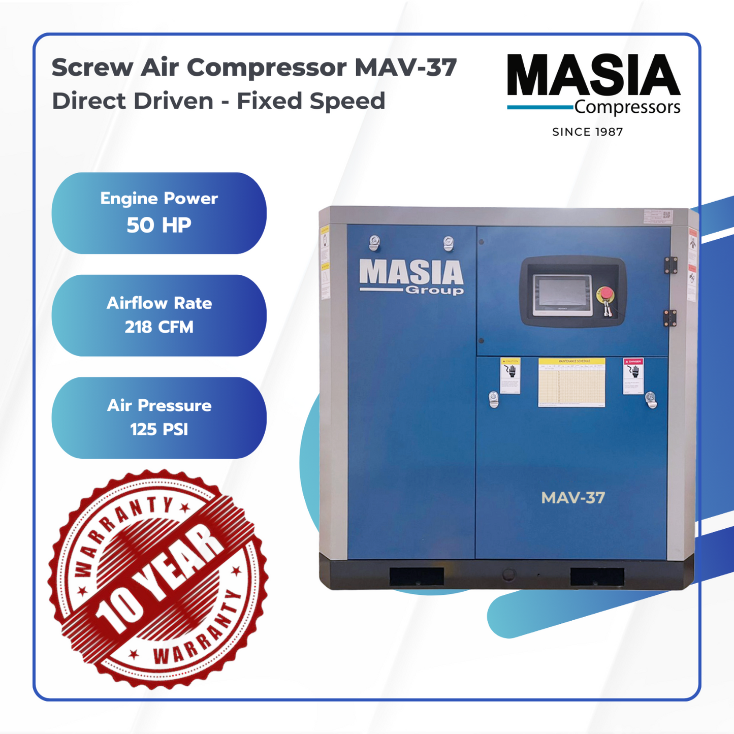 Compresor de aire de tornillo Masia VSD de 50 HP con accionamiento directo, 228 CFM, 125 PSI y 220 V CA