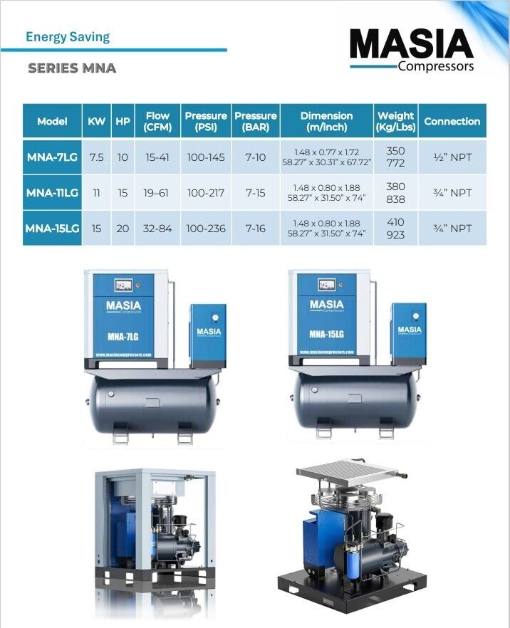 Compresor de aire de tornillo Masia VSD de 10 HP con accionamiento directo, secador integrado y tanque de aire