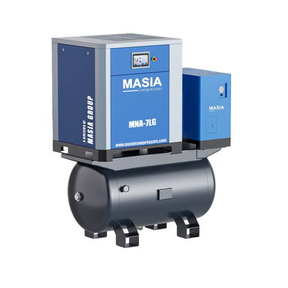 Compresor de aire de tornillo Masia VSD de 10 HP con accionamiento directo, secador integrado y tanque de aire